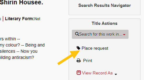 detailed catalog record, arrow pointing to Place request in right menu